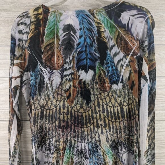 Sheer Sleeve Bling Feather Print Long Sleeve Top - Picture 8 of 11